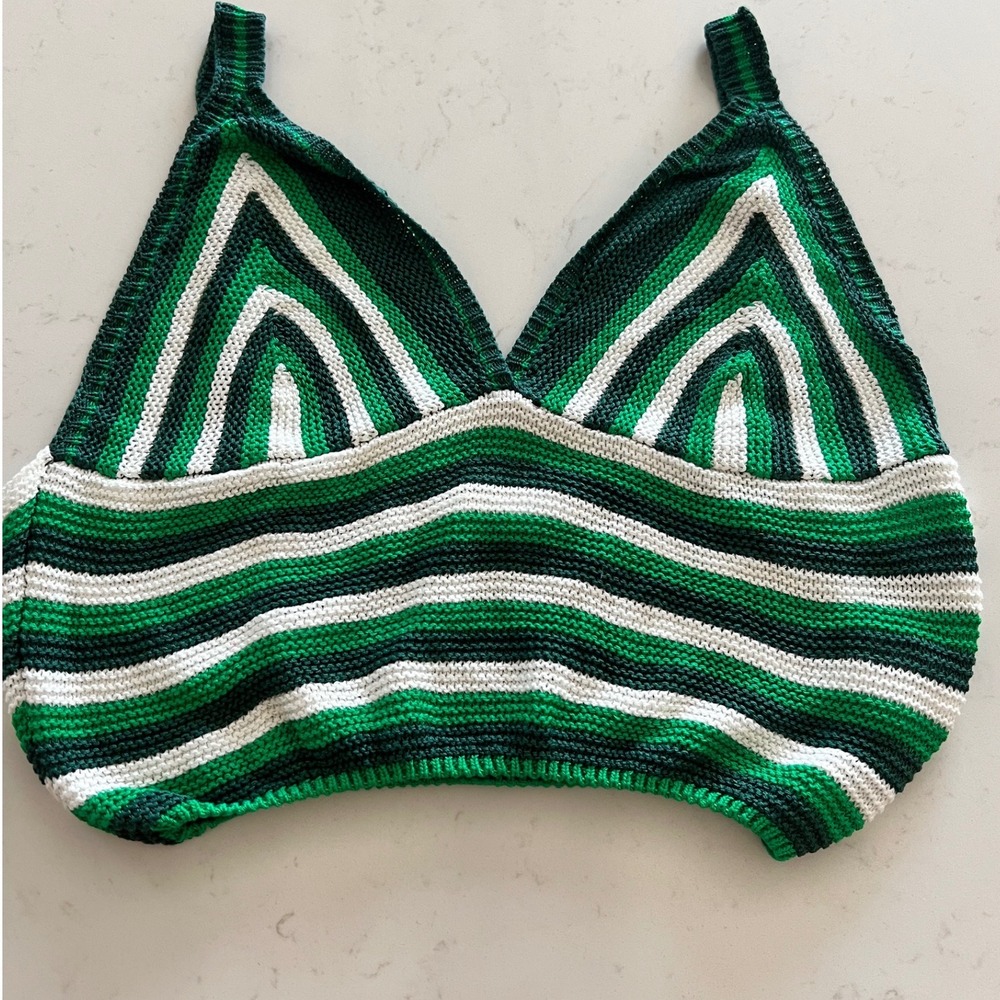 Aster Women Green White Striped Crochet Knit Bralette Crop Top Large Boho Summer